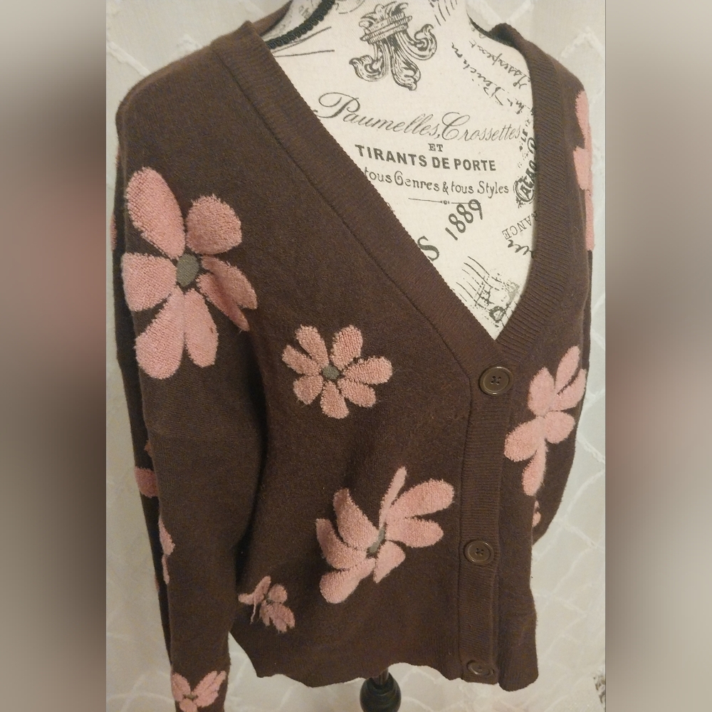 Brown Floral Women's Cropped Cardigan Sweater/ XL